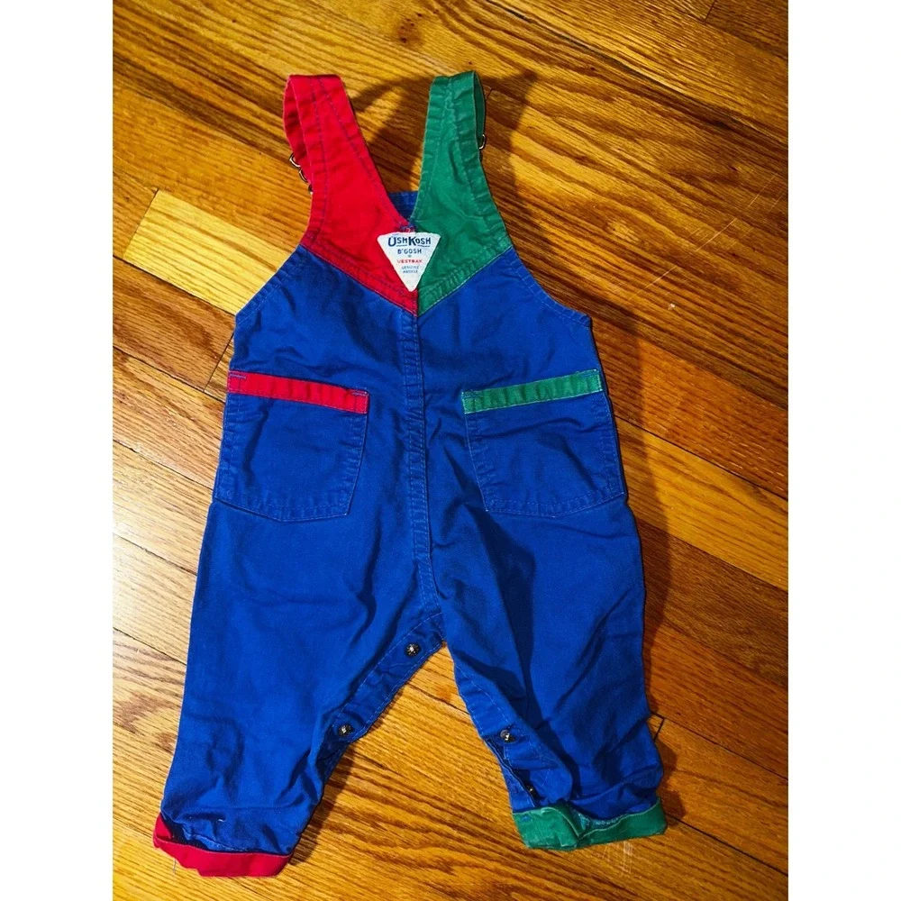 Vintage OshKosh Bgosh Colorblock Overalls Blue Red Green USA Made 6/9 Months